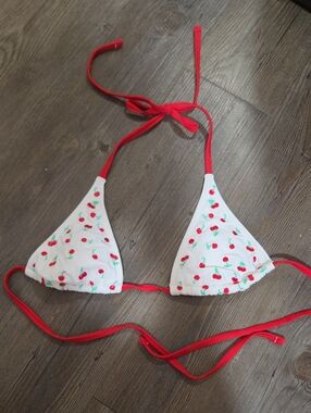 White Cherry Print Triangle Bikini Top with Red Ties